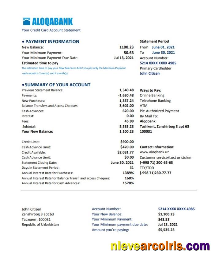 Uzbekistan Aloqabank excel pdf